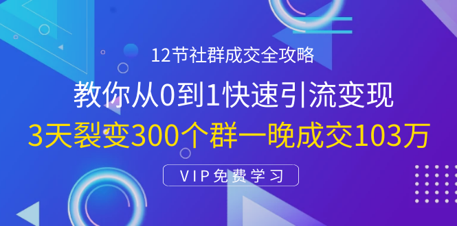 12节社群成交全攻略：从0到1快速引流变现，3天裂变300个群一晚成交103万-赚钱驿站