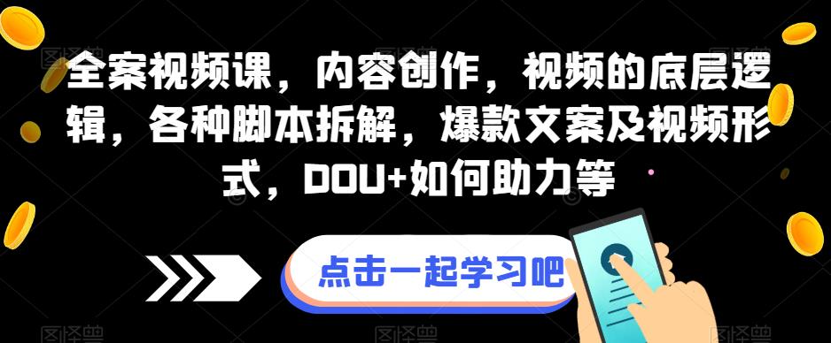 全案视频课，内容创作，视频的底层逻辑，各种脚本拆解，爆款文案及视频形式，DOU+如何助力等-赚钱驿站