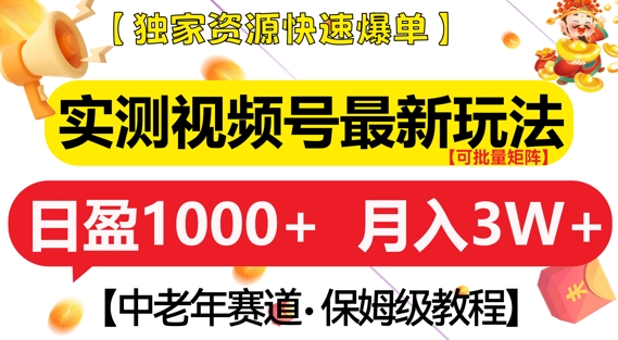 实测视频号最新玩法，中老年赛道，独家资源，月入过W+【揭秘】-赚钱驿站