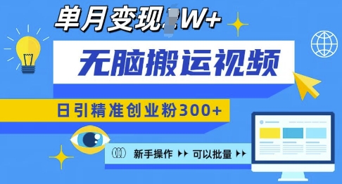 无脑搬运视频号可批量复制，新手即可操作，日引精准创业粉300+，月变现过W 【揭秘】-赚钱驿站