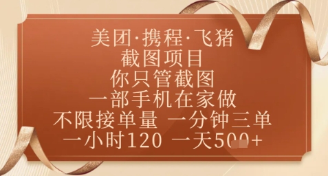 飞猪美团截图项目，你只管截图，一部手机在家做，正规平台无套路，一天5张+【揭秘】-赚钱驿站