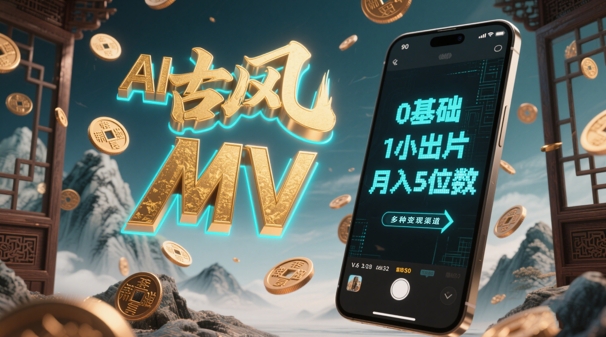 AI一键生成古风音乐MV，0剪辑基础1小时出片，多种变现渠道，一部手机月入5位数-赚钱驿站