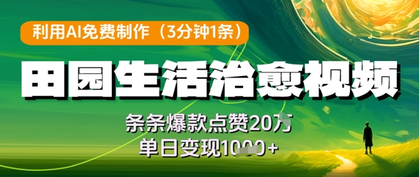 利用AI免费制作田园生活治愈视频，条条爆款点赞20W，单日变现几张-赚钱驿站