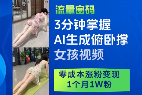 3分钟掌握AI生成俯卧撑女孩视频，零成本涨粉变现，1个月1W粉-赚钱驿站