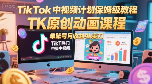 TikTok中视频计划保姆级教程，TK原创动画课程，单账号月收益4k美刀-赚钱驿站