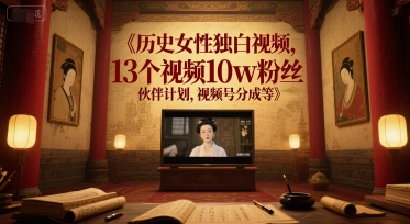 历史女性独白视频，13个视频10w粉丝，伙伴计划，视频号分成等-赚钱驿站