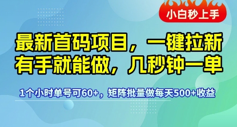 最新首码项目，一键拉新有手就能做，几秒钟一单，1个小时单号可60+，矩阵批量做每天5张【揭秘】-赚钱驿站