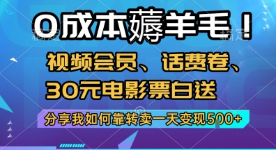 0成本薅羊毛!视频会员、话费卷、30元电影票白送，分享我如何靠转卖一天变现5张+【揭秘】-赚钱驿站