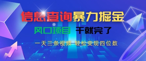 信息查询暴力掘金，一天三条视频，轻松变现四位数，风口项目干就完了【揭秘】-赚钱驿站