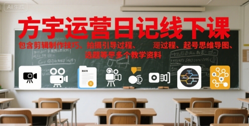方宇运营日记线下课，包含剪辑制作技巧、拍摄引导过程、起号思维导图、选题等多个教学资料-赚钱驿站