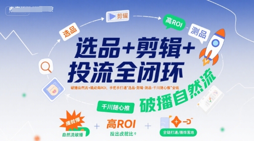 选品+剪辑+投流全闭环，破播自然流+撬动高ROI，手把手打通“选品-剪辑-测品-千川随心推”全链-赚钱驿站