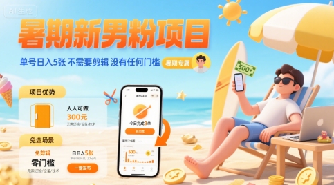 暑期新男粉项目 单号日入5张 不需要剪辑  没有任何门槛-赚钱驿站