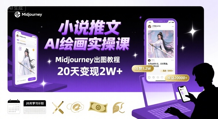 小说推文干货分享之AI绘画MJ出图实操课，用Midjourney做小说推文，20天挣2w-赚钱驿站