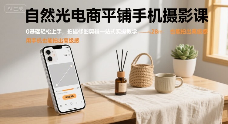 自然光电商平铺手机摄影课，0基础轻松上手，拍摄修图剪辑一站式实操教学，用手机也能拍出高级感-赚钱驿站