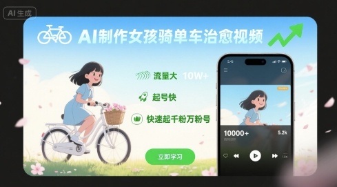 AI制作女孩骑单车治愈视频，流量大，起号快，快速起千粉万粉号-赚钱驿站