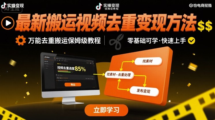 最新搬运视频去重变现方法，万能去重搬运保姆级教程-赚钱驿站