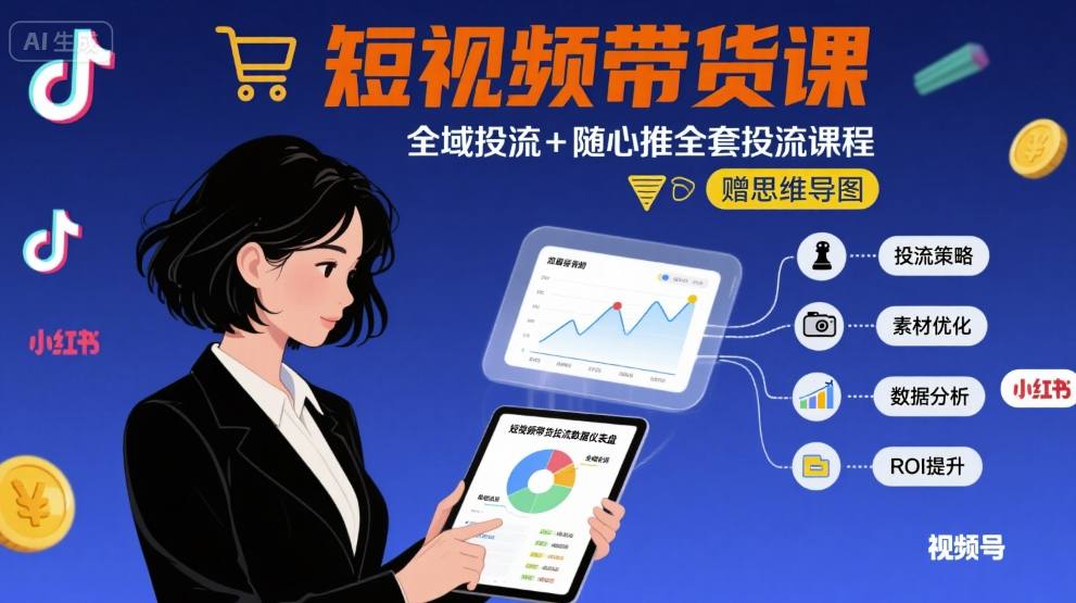最新短视频带货课，全域投流+随心推全套投流课程+思维导图-赚钱驿站