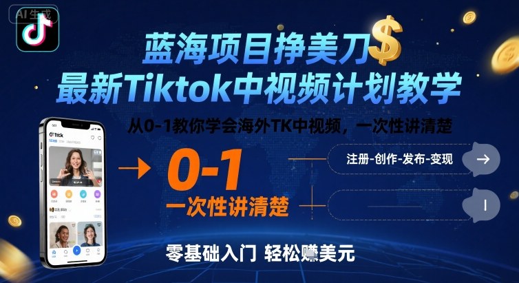 蓝海项目挣美刀，最新Tiktok中视频计划教学，从0-1教你学会海外TK中视频，一次性讲清楚-赚钱驿站
