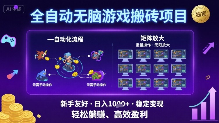 全自动无脑游戏搬砖项目，独家玩法，可批量矩阵无限放大，新手也能轻松日入1k+【揭秘】-赚钱驿站