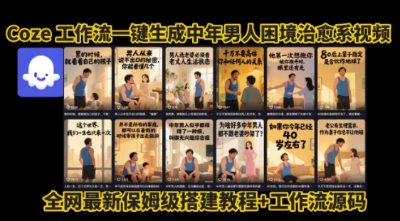 coze工作流一键生成”中年男人困境扎心高涨粉高播放量图文视频”保姆级拆解教程，无需剪辑，无需拍摄写文案-赚钱驿站