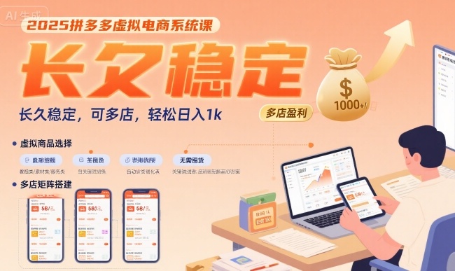2025拼多多虚拟电商系统课，长久稳定，可多店，轻松日入1k-赚钱驿站