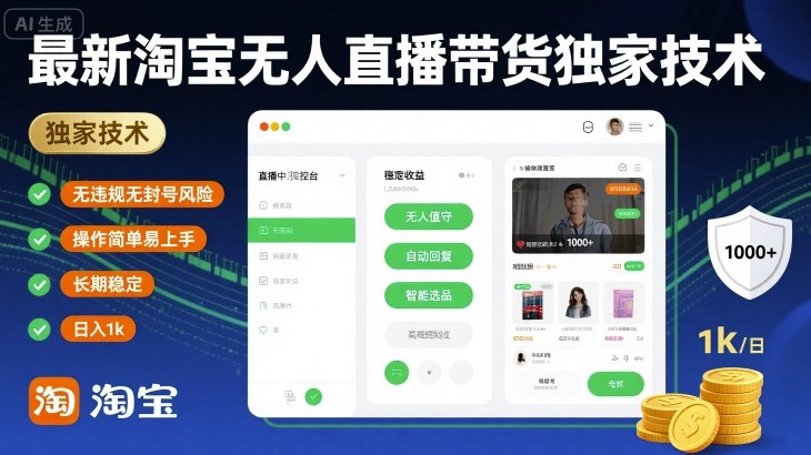 最新淘宝无人直播带货独家技术，无违规无封号风险，操作简单易上手，长期稳定日入1k【揭秘】-赚钱驿站
