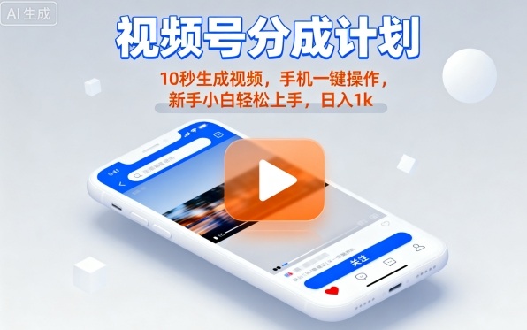 视频号分成计划懒人玩法，10秒生成视频，手机一键操作，新手小白轻松上手，日入1K【揭秘】-赚钱驿站