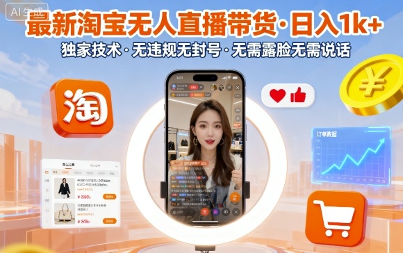 最新淘宝无人直播带货，日入1k+，独家技术，无违规无封号，无需露脸无需说话【揭秘】-赚钱驿站