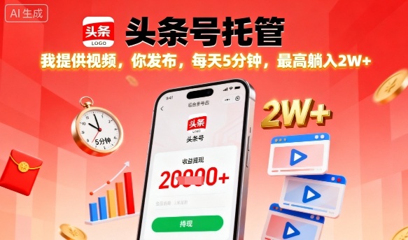 【头条号托管】我提供视频，你发布，每天5分钟，最高躺入2W+【揭秘】-赚钱驿站