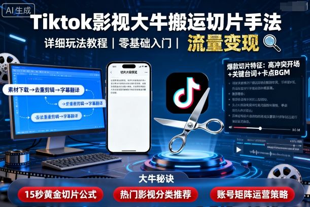 Tiktok影视大牛搬运切片手法，详细玩法教程-赚钱驿站