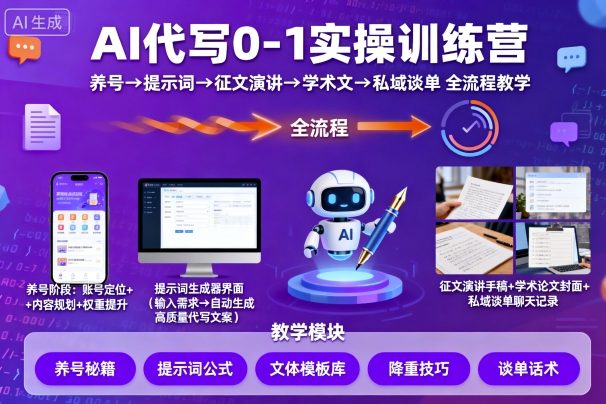 AI代写0-1实操训练营，从养号、提示词、征文演讲、学术文，到私域谈单的全流程教学-赚钱驿站