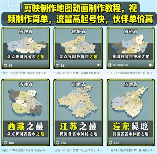 剪映制作地图动画制作教程，视频制作简单，流量高起号快，伙伴单价高-赚钱驿站