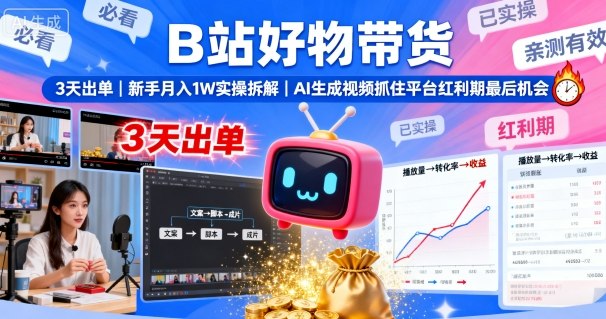 B站好物带货，3天出单，新手月入1W实操拆解，AI生成视频，抓住平台红利期最后机会-赚钱驿站