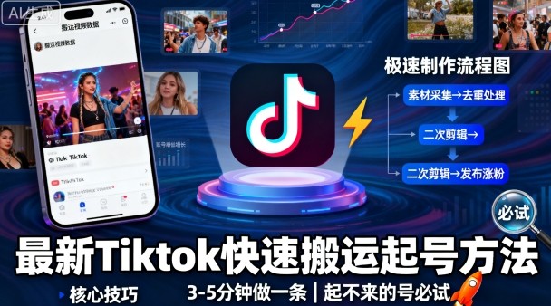 最新Tiktok快速搬运快速起号方法，3-5分钟做一条，起不来的号可以试试-赚钱驿站