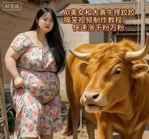 AI美女和大黄牛摔跤搞笑荒诞视频制作教程，快速涨千粉万粉-赚钱驿站