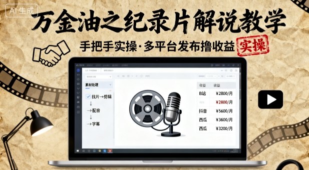 万金油之纪录片解说教学，手把手教你，完全实操，多平台发布撸收益-赚钱驿站