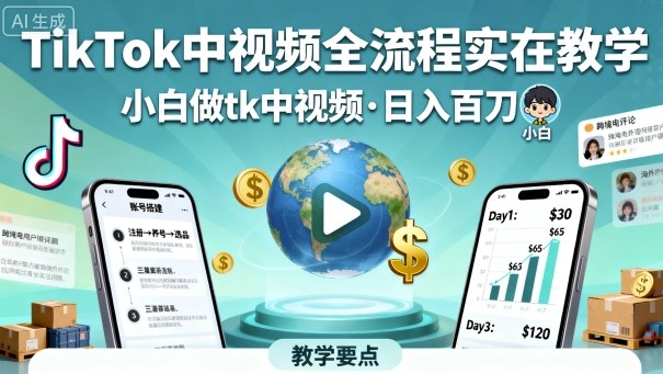 TikTok中视频全流程实操教学，小白做tk中视频，日入百刀-赚钱驿站