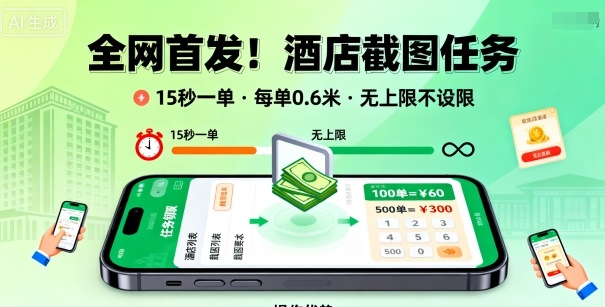 全网首发！酒店截图任务，15秒一单，每单0.6米，任务无上限不设限，矩阵操作单日3张到手【揭秘】-赚钱驿站