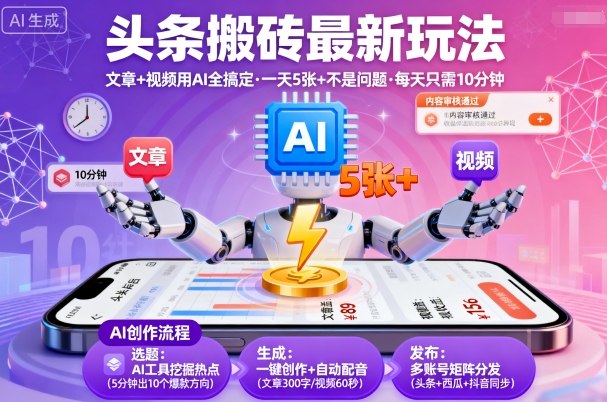 头条搬砖最新玩法，文章+视频用AI全搞定，一天5张+不是问题，每天只需10分钟-赚钱驿站