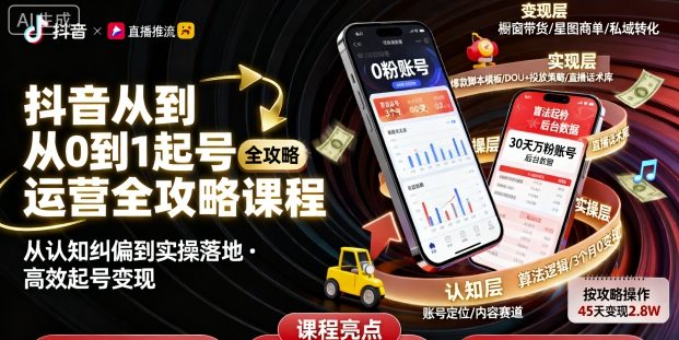 抖音从0到1起号运营全攻略课程，从认知纠偏到实操落地，高效起号变现-赚钱驿站