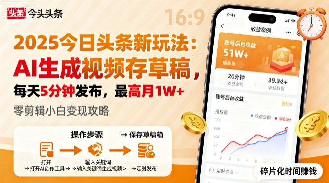 2025年今日头条躺賺新玩法，AI生成视频存草稿，每天5分钟发布，最高月1W+【揭秘】-赚钱驿站