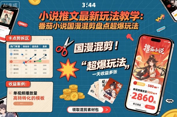 小说推文最新玩法教学，番茄小说国漫混剪盘点超爆玩法，全程干货，一天收益多张-赚钱驿站