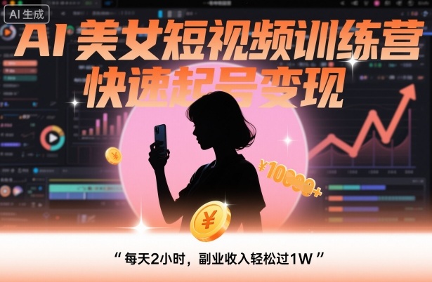 AI美女短视频训练营，快速起号变现，每天2小时，副业收入轻松过1W-赚钱驿站