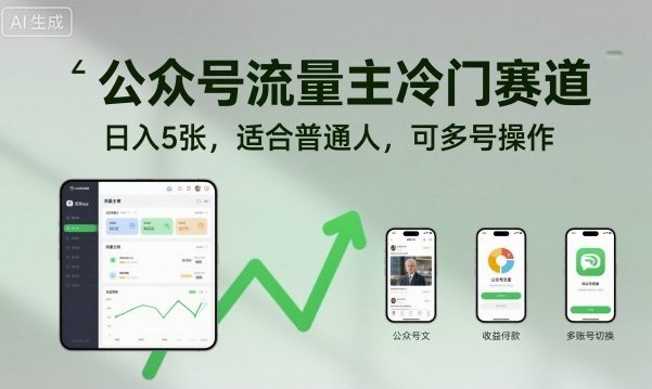 公众号流量主冷门赛道，日入5张，适合普通人，可多号操作-赚钱驿站