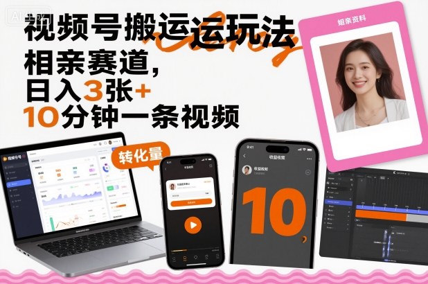 视频号搬运玩法，相亲赛道，日入3张+，10分钟一条视频-赚钱驿站