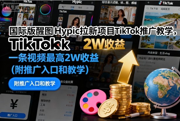 国际版醒图Hypic拉新项目TikTok推广教学，一条视频最高2W收益（附推广入口和教学）-赚钱驿站