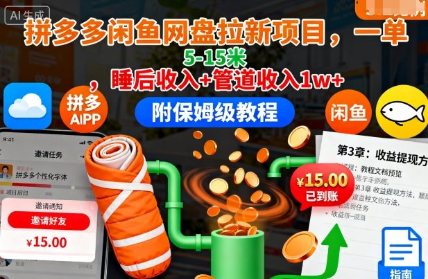 拼多多闲鱼网盘拉新项目，一单5-15米，睡后收入+管道收入1w+（附保姆级教程）-赚钱驿站