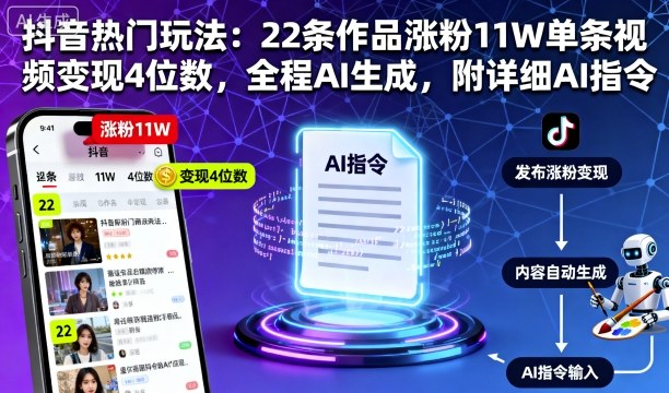 抖音热门玩法：22条作品涨粉11W单条视频变现4位数，全程AI生成，附详细AI指令-赚钱驿站