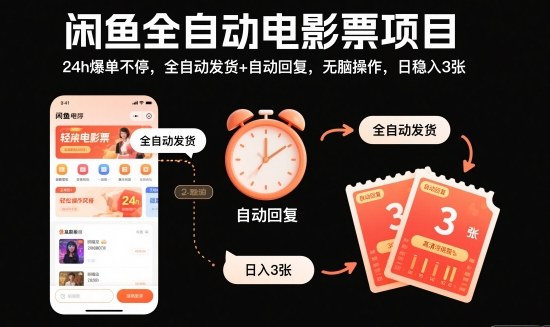 闲鱼全自动电影票项目，24h爆单不停，全自动发货+自动回复，无脑操作，日稳入3张【揭秘】-赚钱驿站