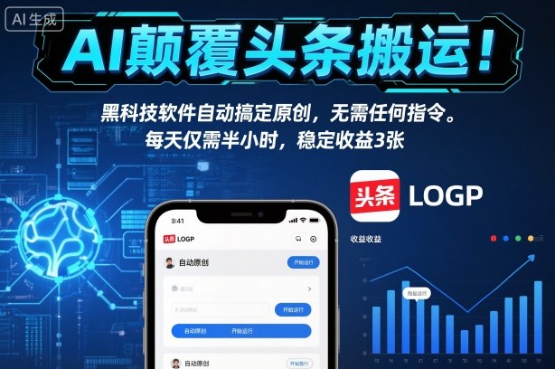AI颠覆头条搬运！黑科技软件自动搞定原创，无需任何指令。每天仅需半小时，稳定收益3张【揭秘】-赚钱驿站